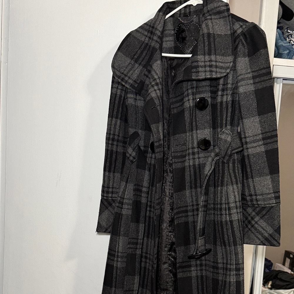 Guess Black and Gray Plaid Trench Coat